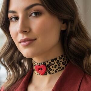 Handmade Mobwife Boom Boom Leopard Print Choker with Red Heart Pendant
